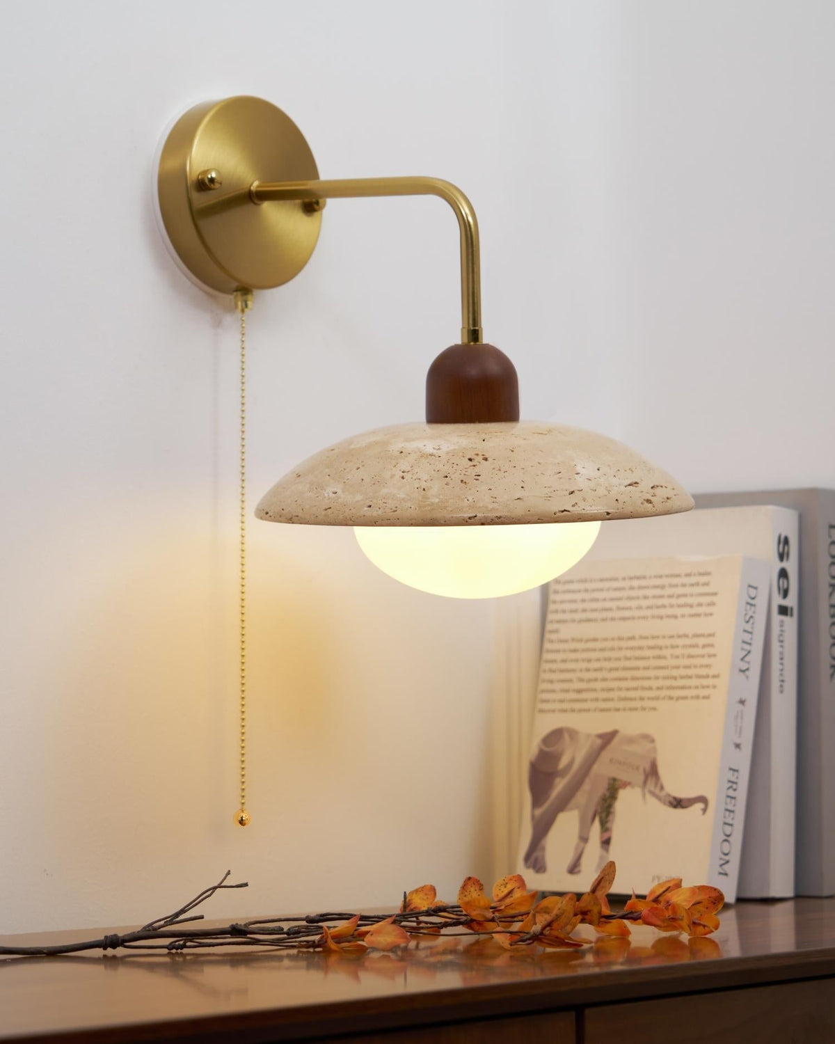 Wall Light Hardwired Travertine With Wood And Metal