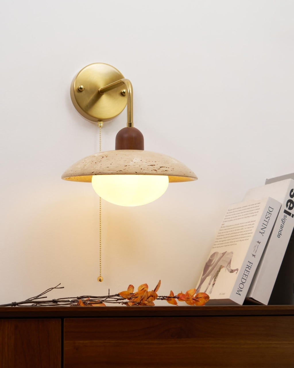 Wall Light Hardwired Travertine With Wood And Metal