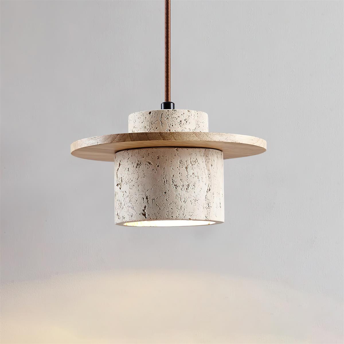 Artisanal Walnut Disc And Travertine Shade Pendant Lamp
