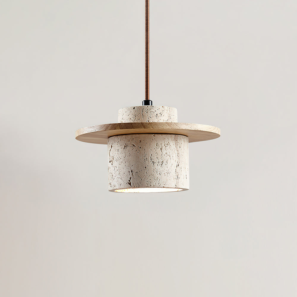 Artisanal Walnut Disc And Travertine Shade Pendant Lamp