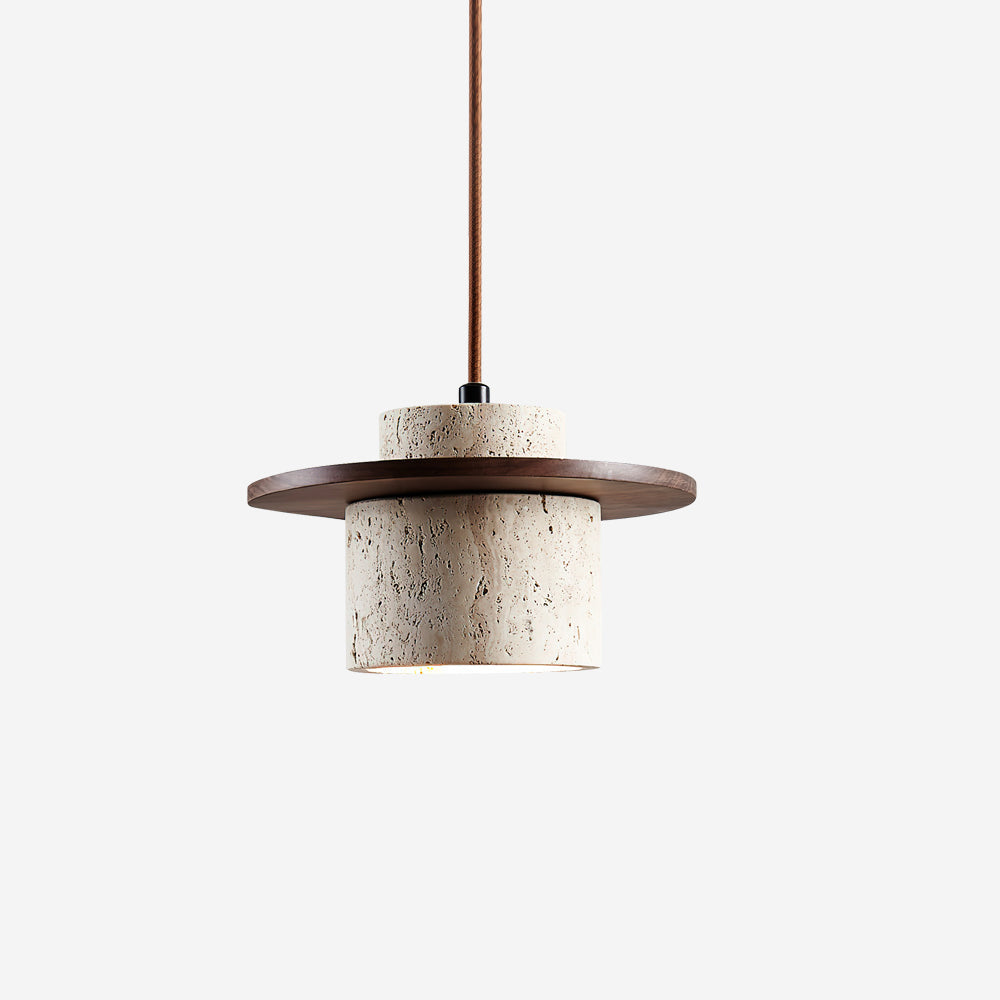 Artisanal Walnut Disc And Travertine Shade Pendant Lamp