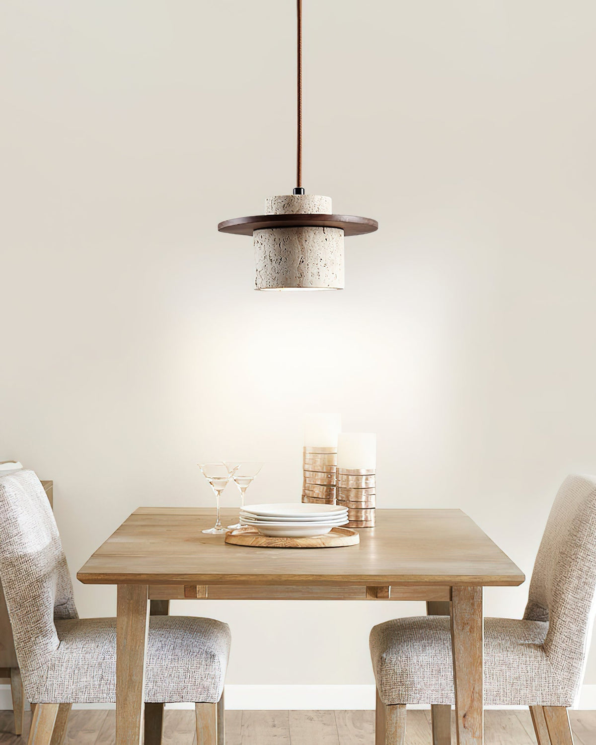Cylinder Shade Natural Wood Travertine Pendant Light