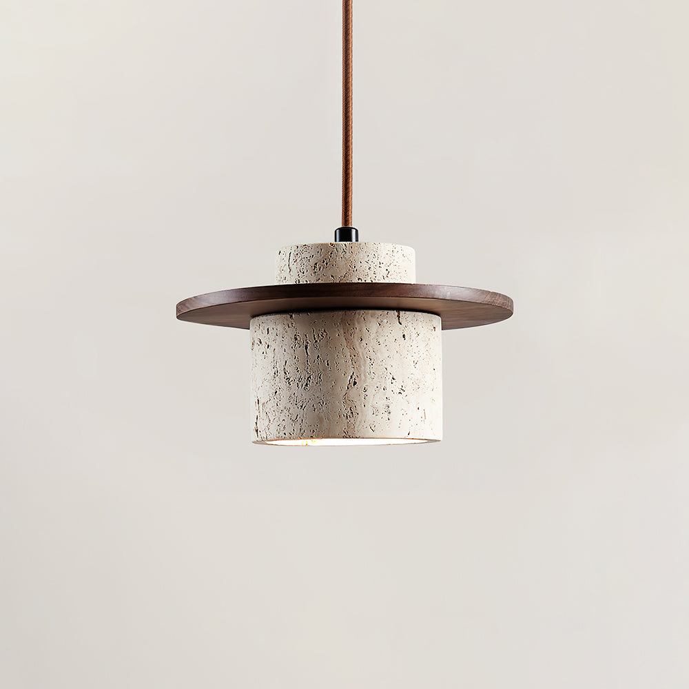 Artisanal Walnut Disc And Travertine Shade Pendant Lamp