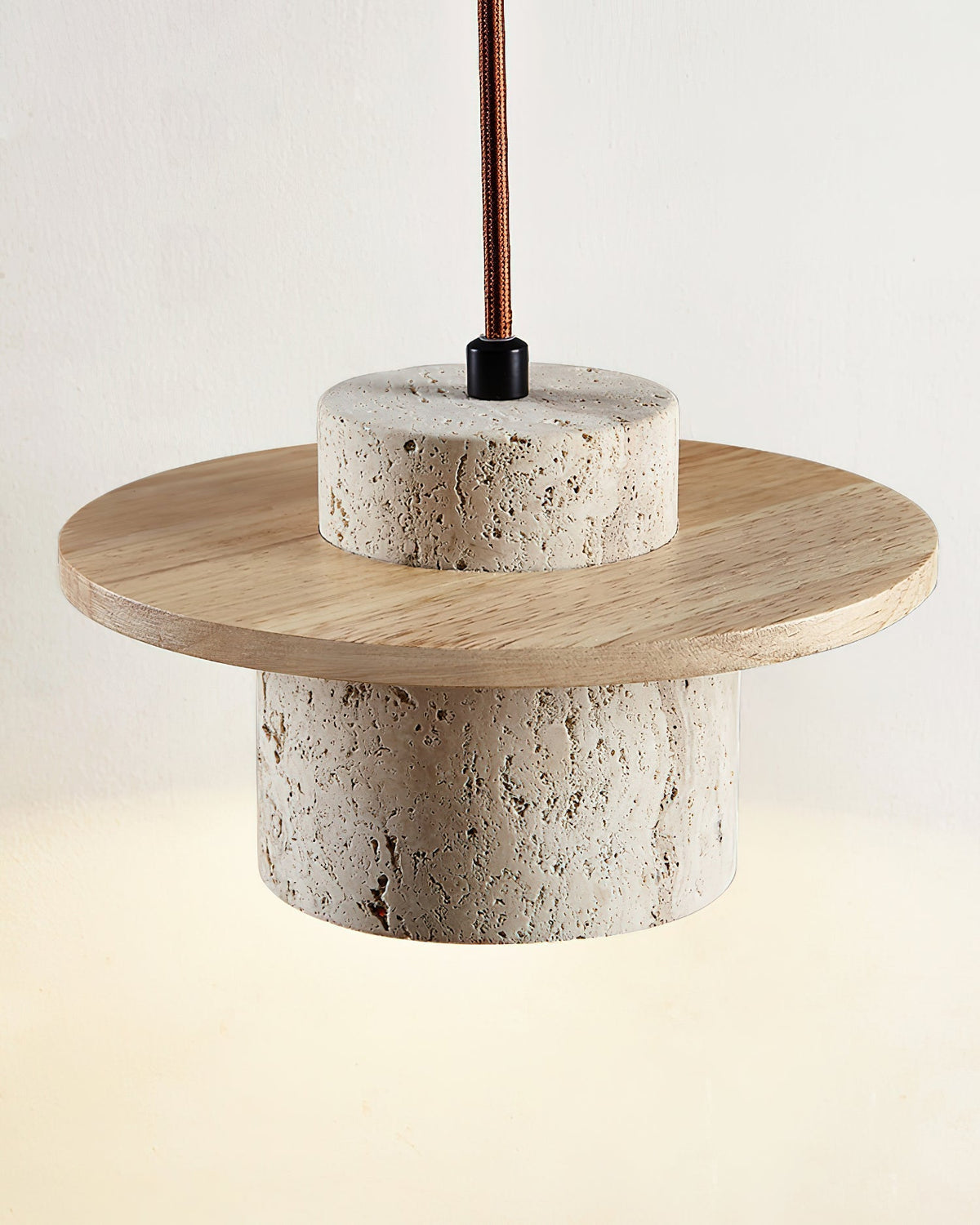 Artisanal Walnut Disc And Travertine Shade Pendant Lamp
