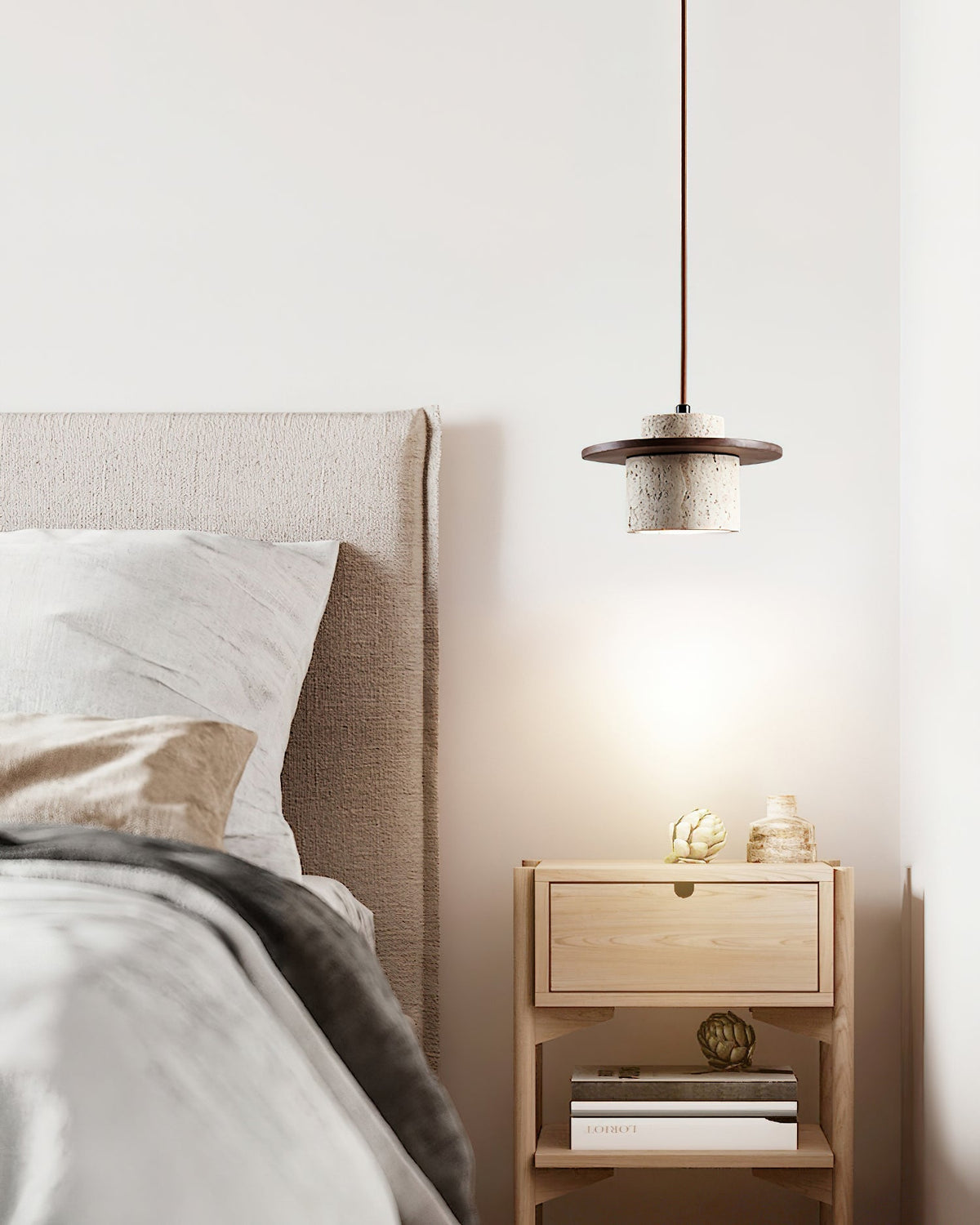 Cylinder Shade Natural Wood Travertine Pendant Light