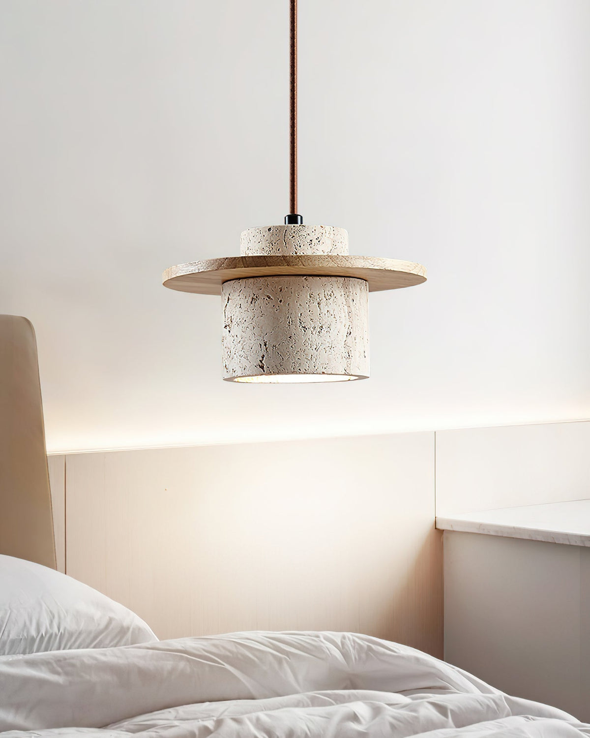 Cylinder Shade Natural Wood Travertine Pendant Light