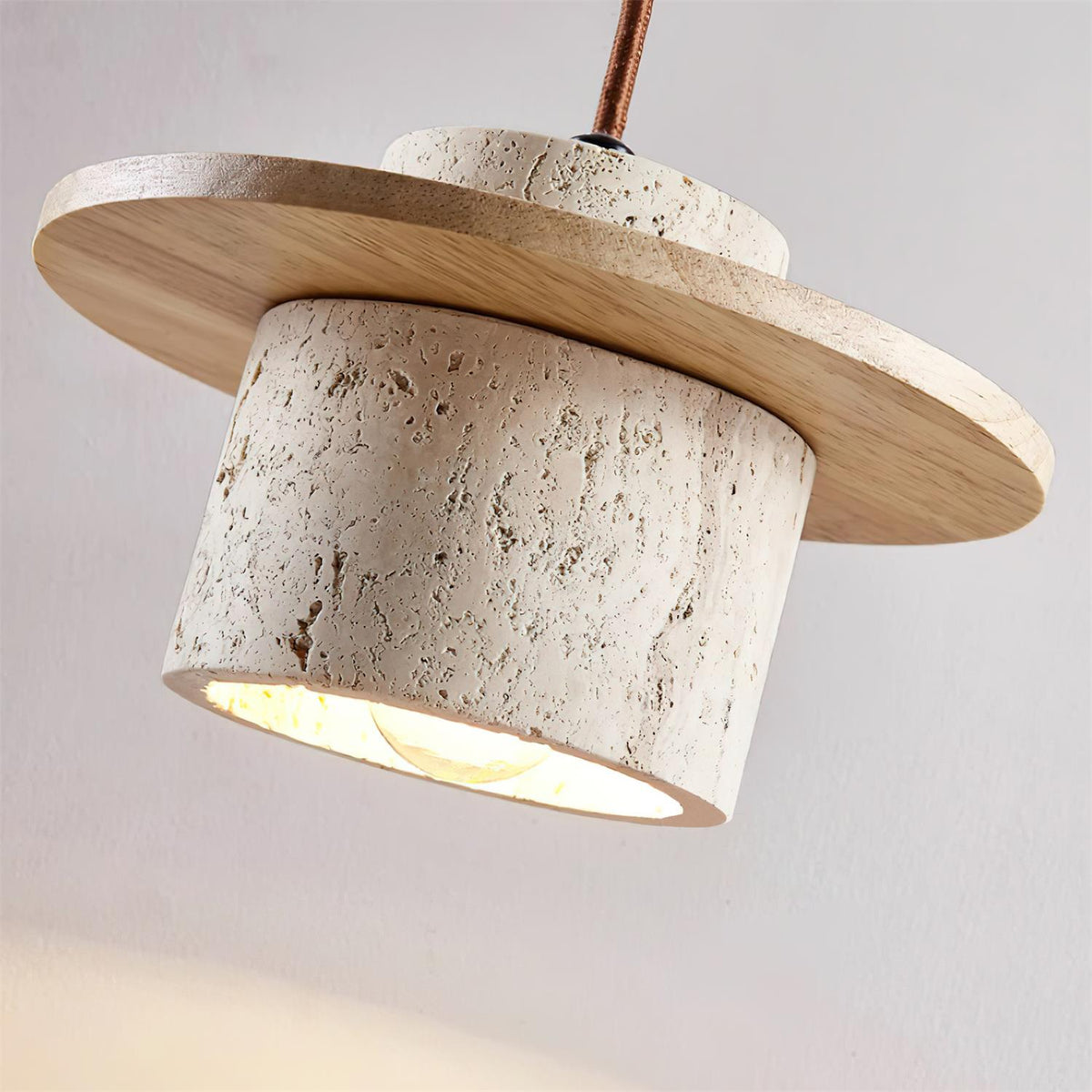 Artisanal Walnut Disc And Travertine Shade Pendant Lamp