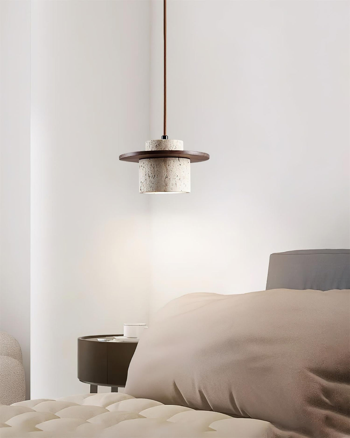 Artisanal Walnut Disc And Travertine Shade Pendant Lamp
