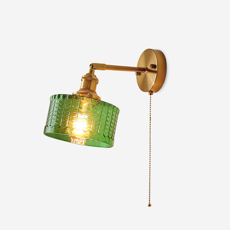 Pull Chain Brass Wall Light Featuring Green And Clear Glass Shade