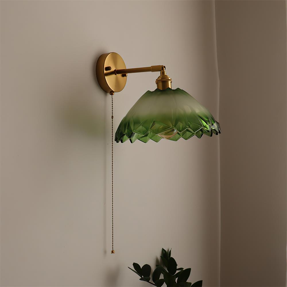 Pull Chain Brass Wall Light Featuring Green And Clear Glass Shade