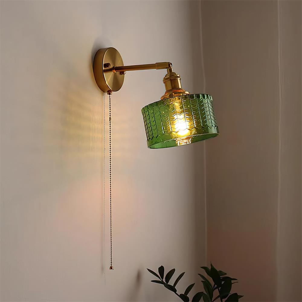 Pull Chain Brass Wall Light Featuring Green And Clear Glass Shade