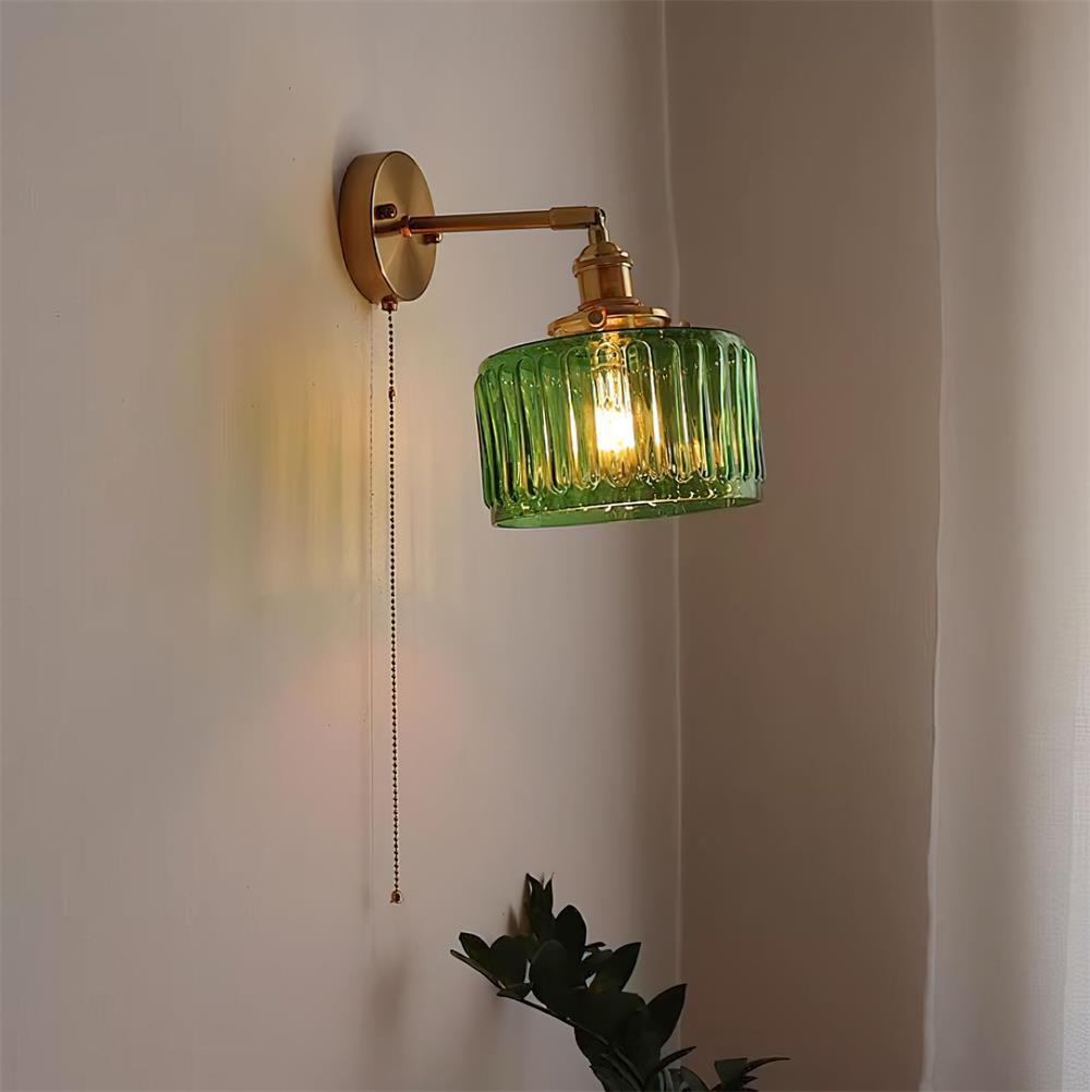 Pull Chain Brass Wall Light Featuring Green And Clear Glass Shade