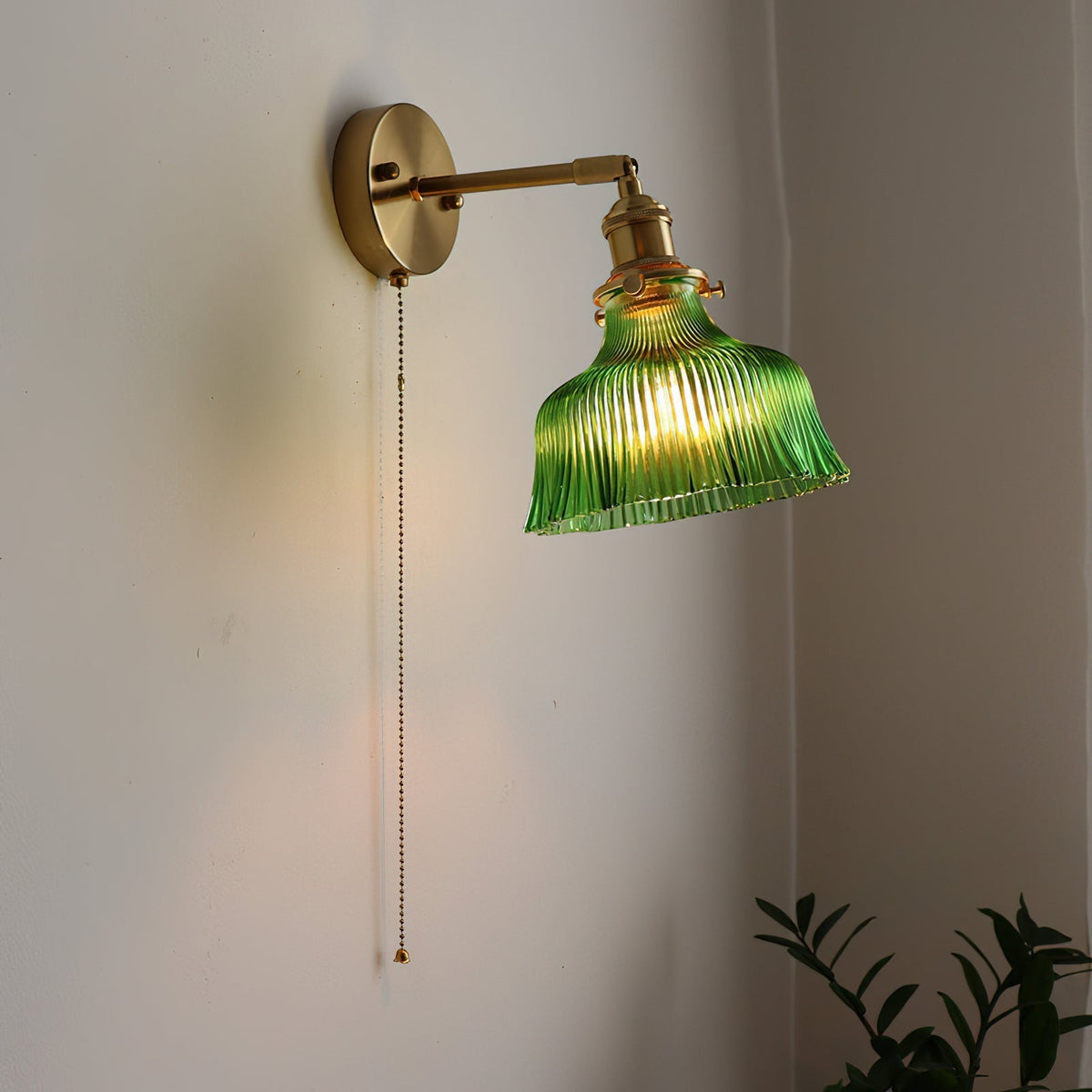 Pull Chain Brass Wall Light Featuring Green And Clear Glass Shade