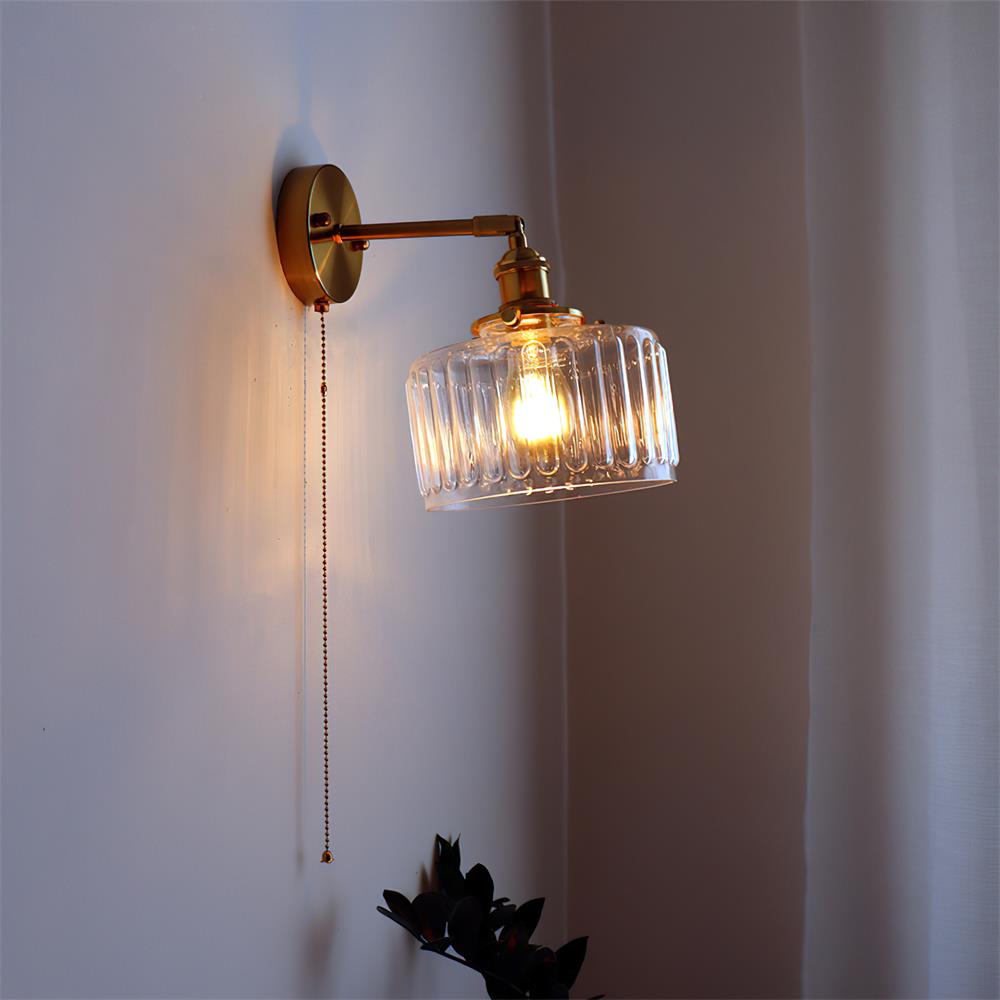Pull Chain Brass Wall Light Featuring Green And Clear Glass Shade