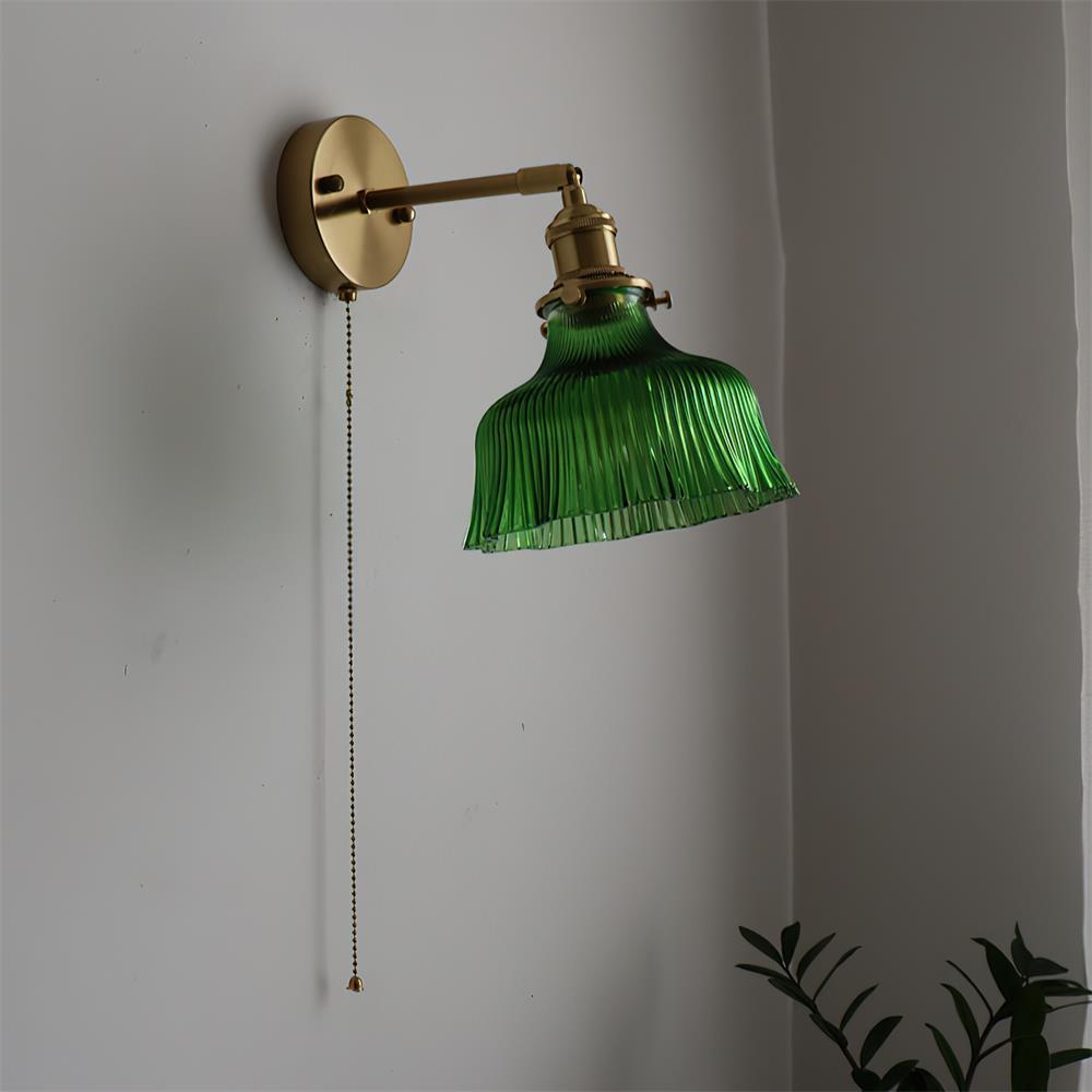 Pull Chain Brass Wall Light Featuring Green And Clear Glass Shade