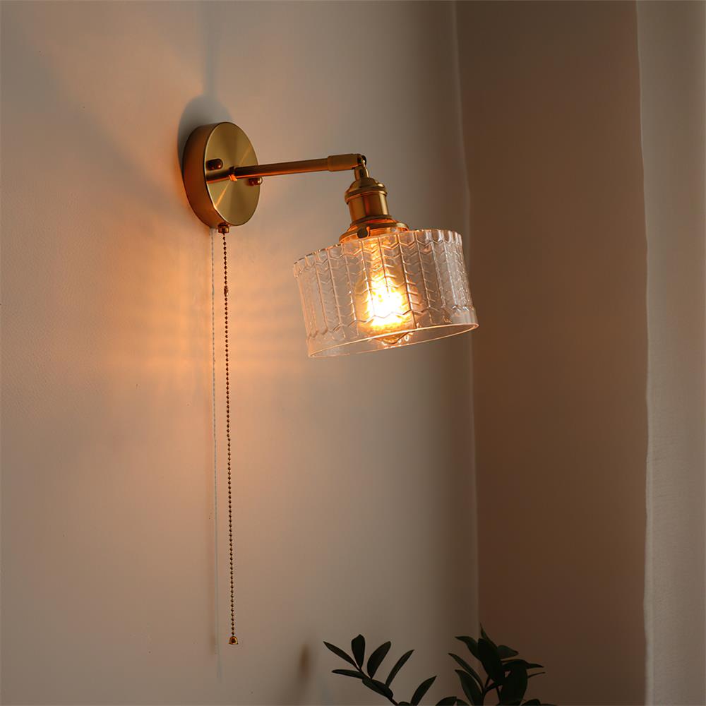 Pull Chain Brass Wall Light Featuring Green And Clear Glass Shade