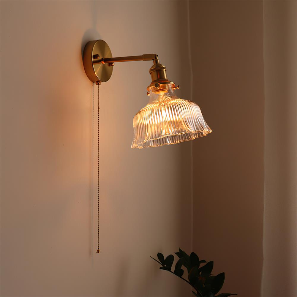 Pull Chain Brass Wall Light Featuring Green And Clear Glass Shade