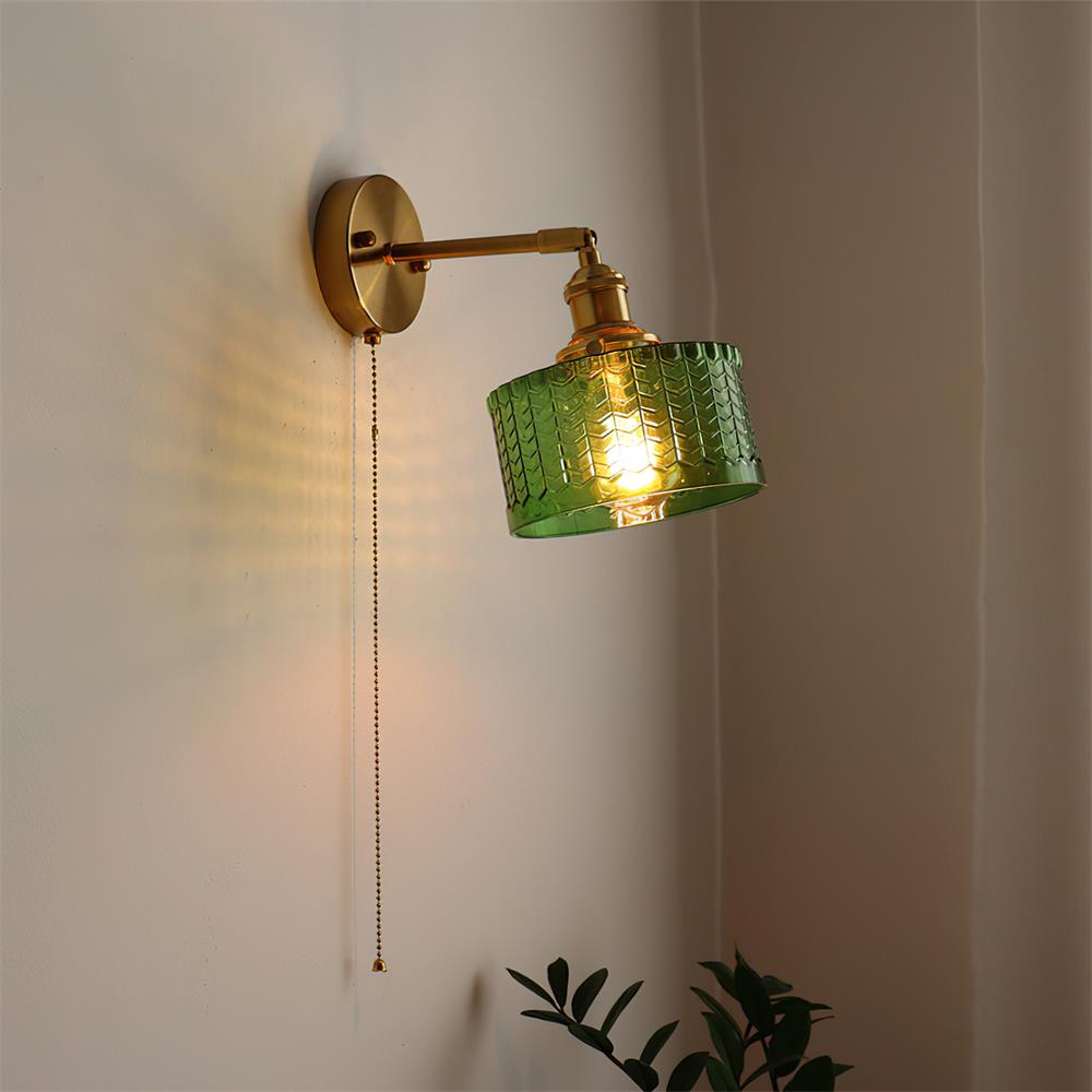 Pull Chain Brass Wall Light Featuring Green And Clear Glass Shade