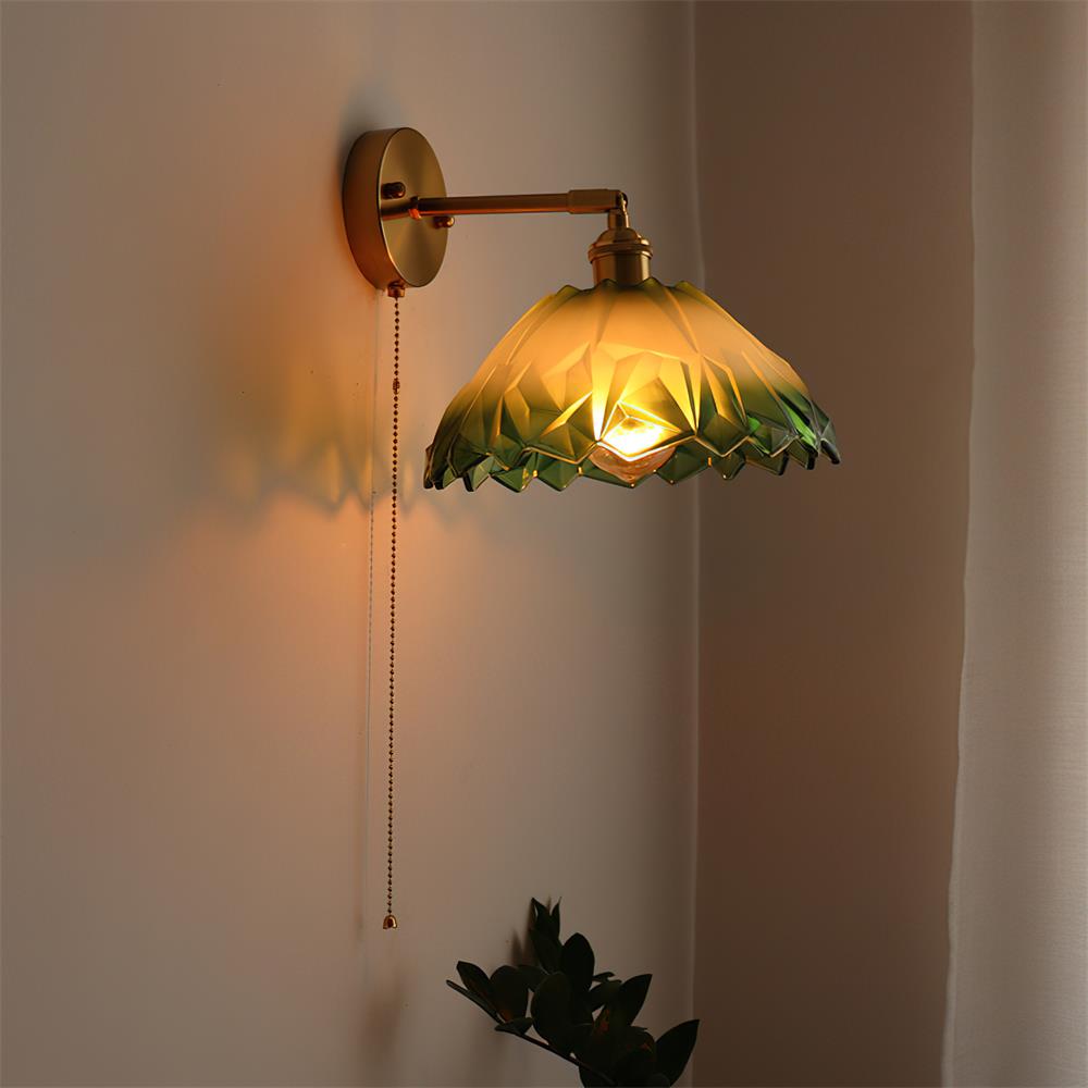 Pull Chain Brass Wall Light Featuring Green And Clear Glass Shade
