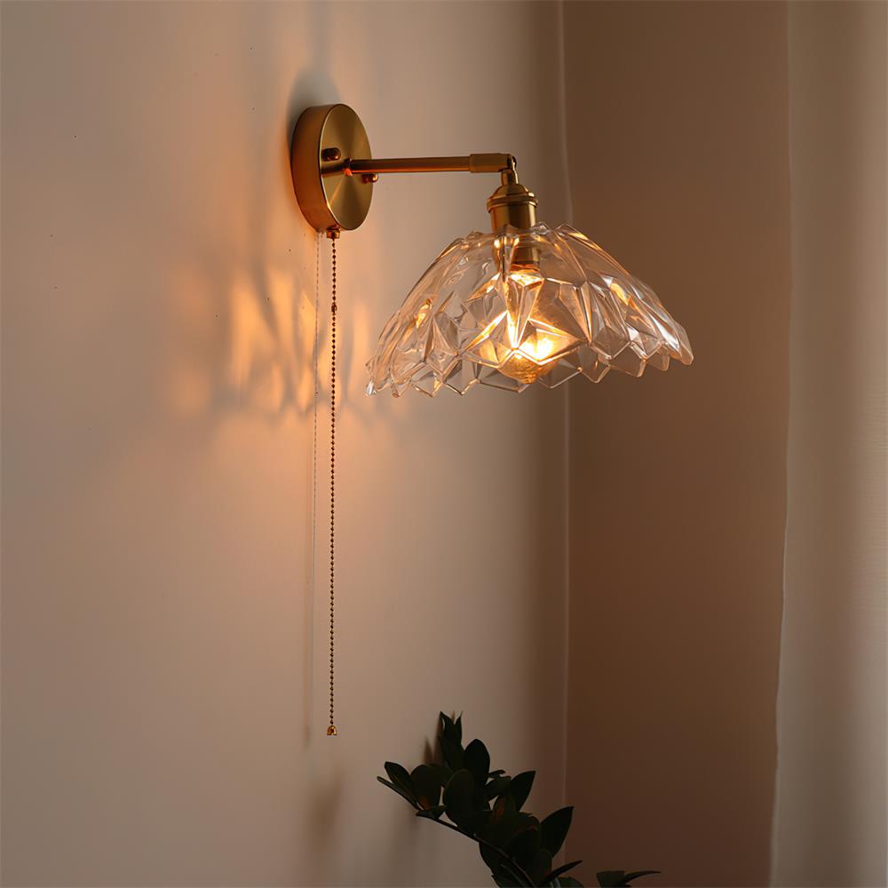 Pull Chain Brass Wall Light Featuring Green And Clear Glass Shade