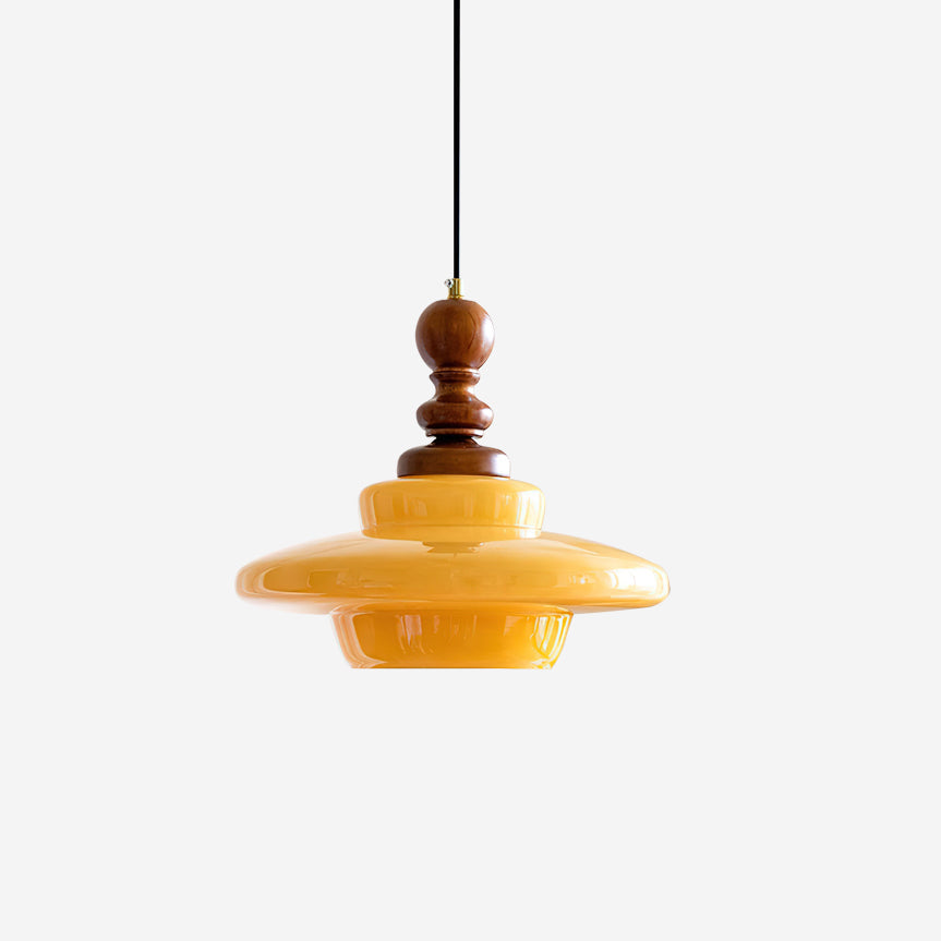 Walnut Accent Retro Pendant Light With Yellow Glass
