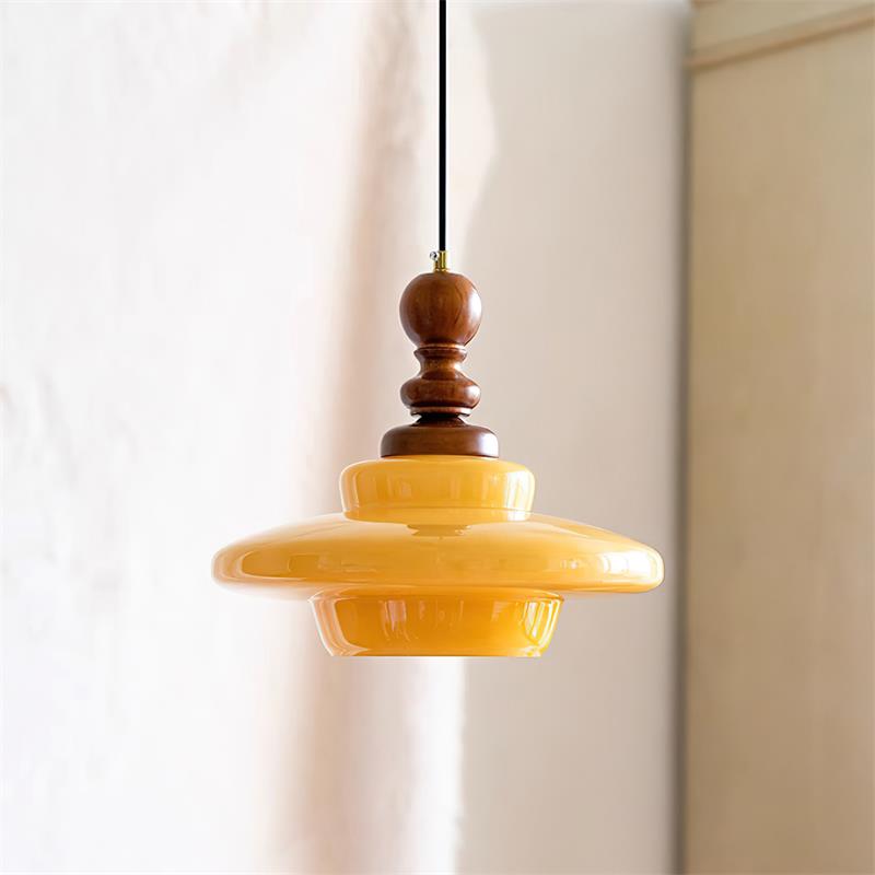 Walnut Accent Retro Pendant Light With Yellow Glass