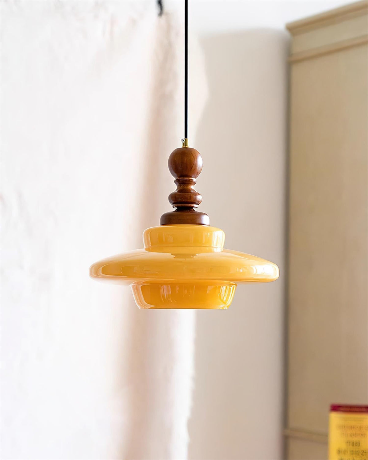 Walnut Accent Retro Pendant Light With Yellow Glass