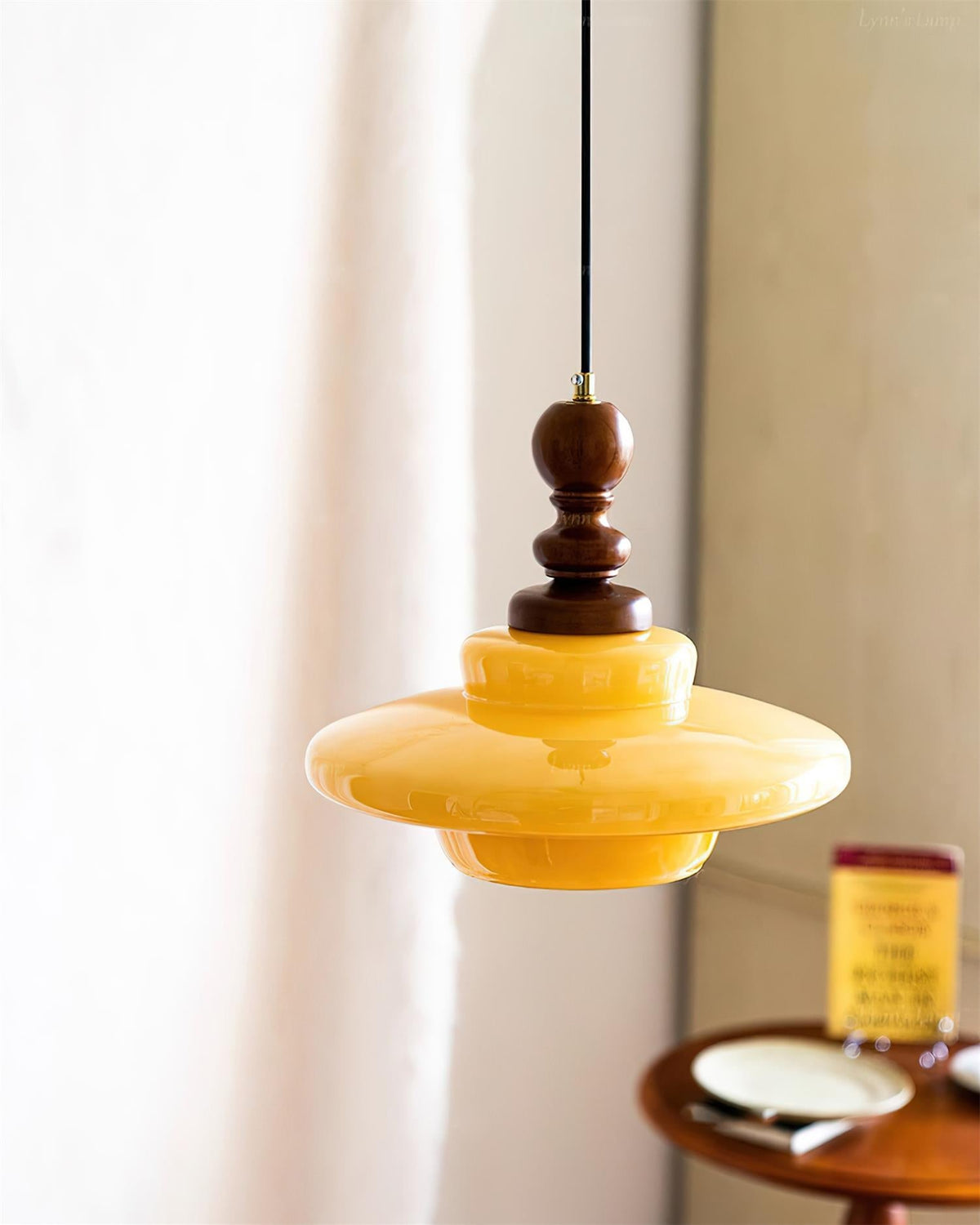 Walnut Accent Retro Pendant Light With Yellow Glass