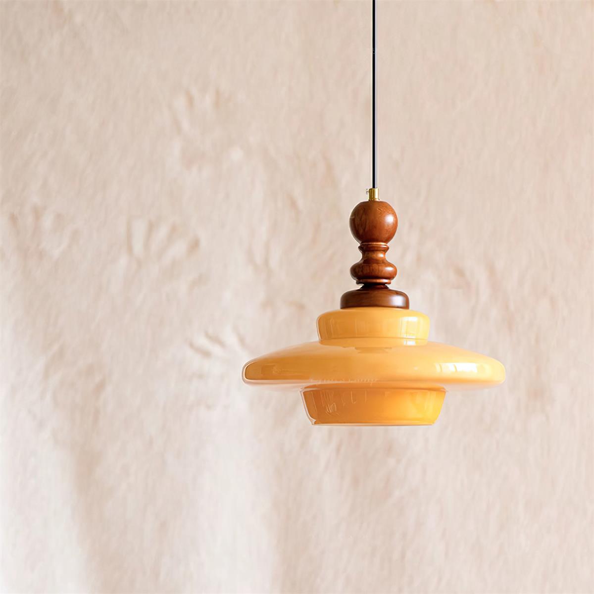 Walnut Accent Retro Pendant Light With Yellow Glass