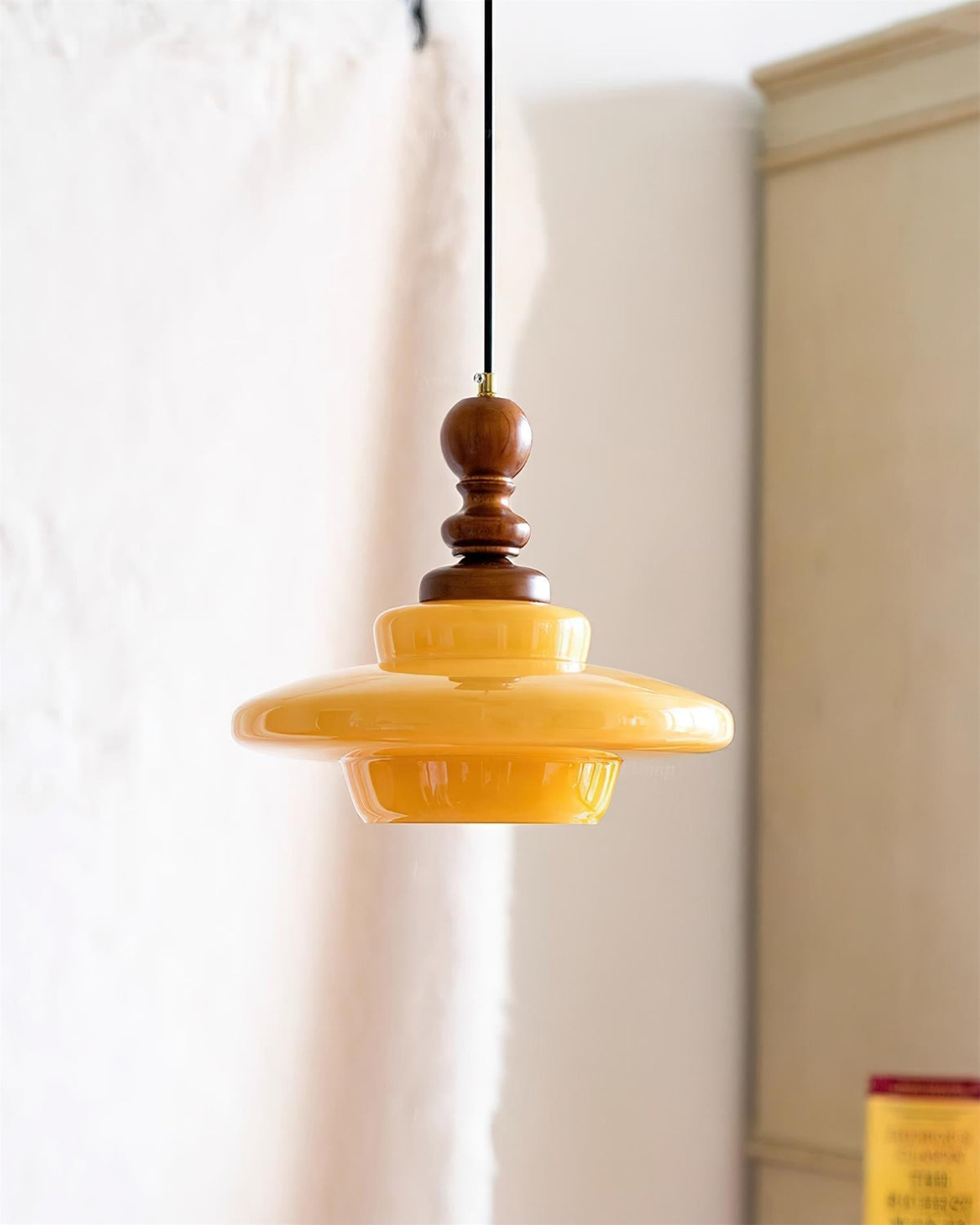 Walnut Accent Retro Pendant Light With Yellow Glass