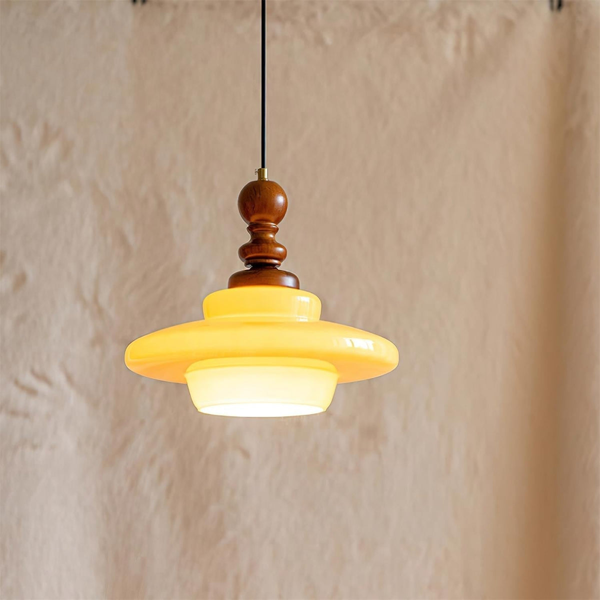Walnut Accent Retro Pendant Light With Yellow Glass