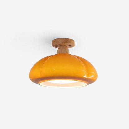Semi Flush Damp Rated Ceiling Light Amber Glass And Rubber Wood
