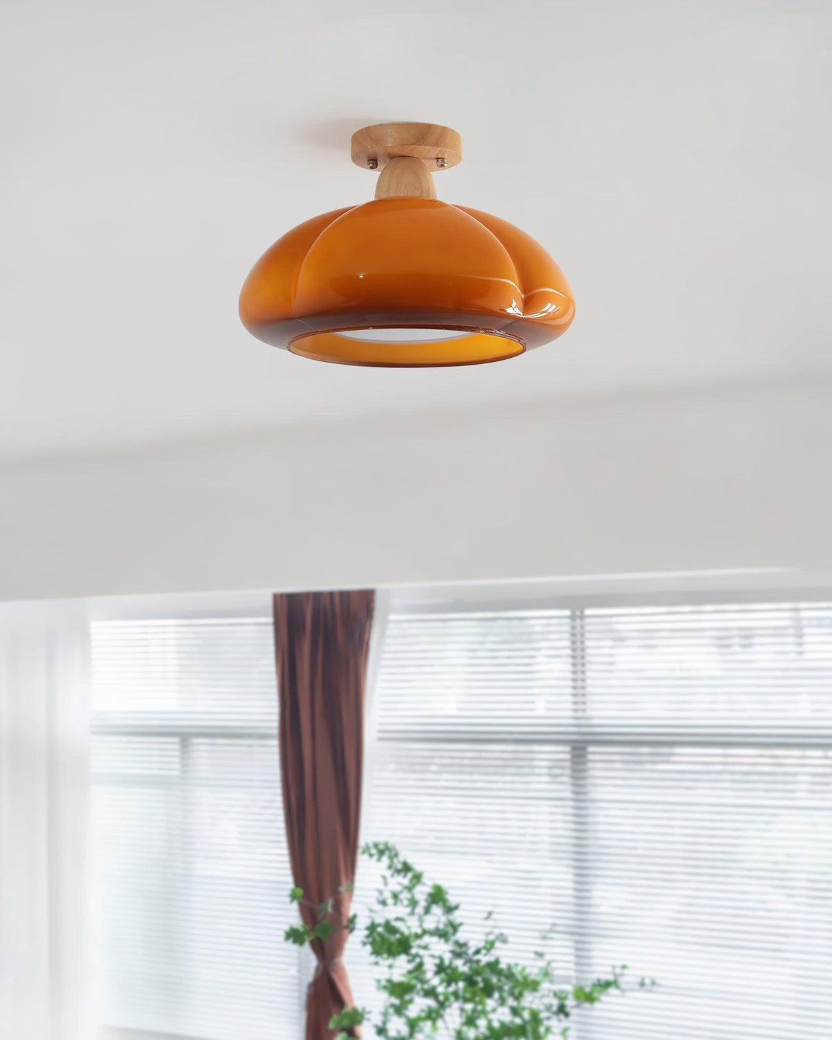 Semi Flush Damp Rated Ceiling Light Amber Glass And Rubber Wood