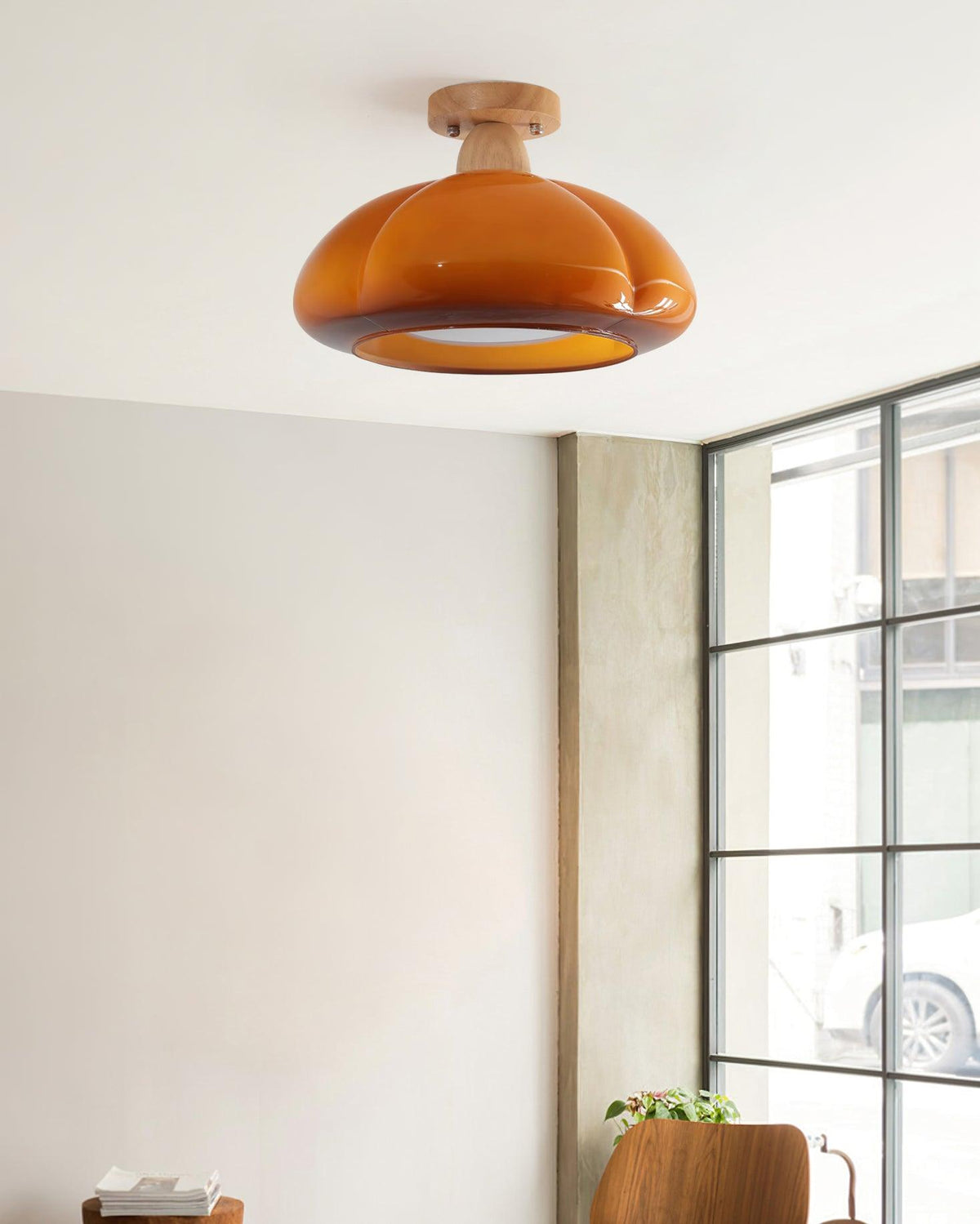 Semi Flush Damp Rated Ceiling Light Amber Glass And Rubber Wood