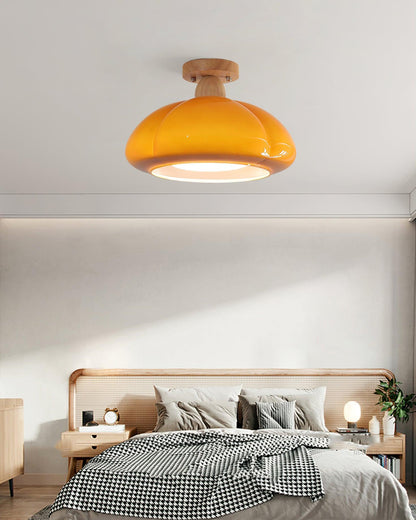 Semi Flush Damp Rated Ceiling Light Amber Glass And Rubber Wood
