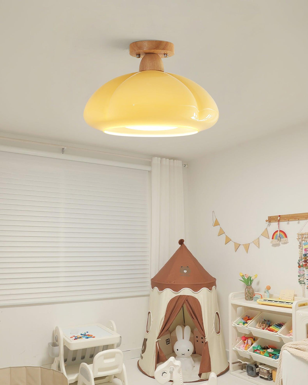 Semi Flush Damp Rated Ceiling Light Amber Glass And Rubber Wood