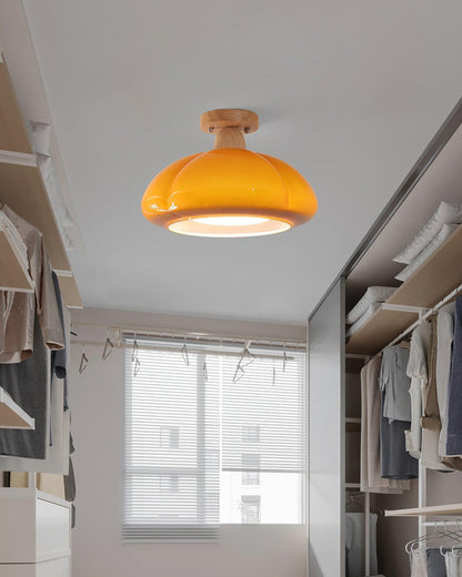 Semi Flush Damp Rated Ceiling Light Amber Glass And Rubber Wood