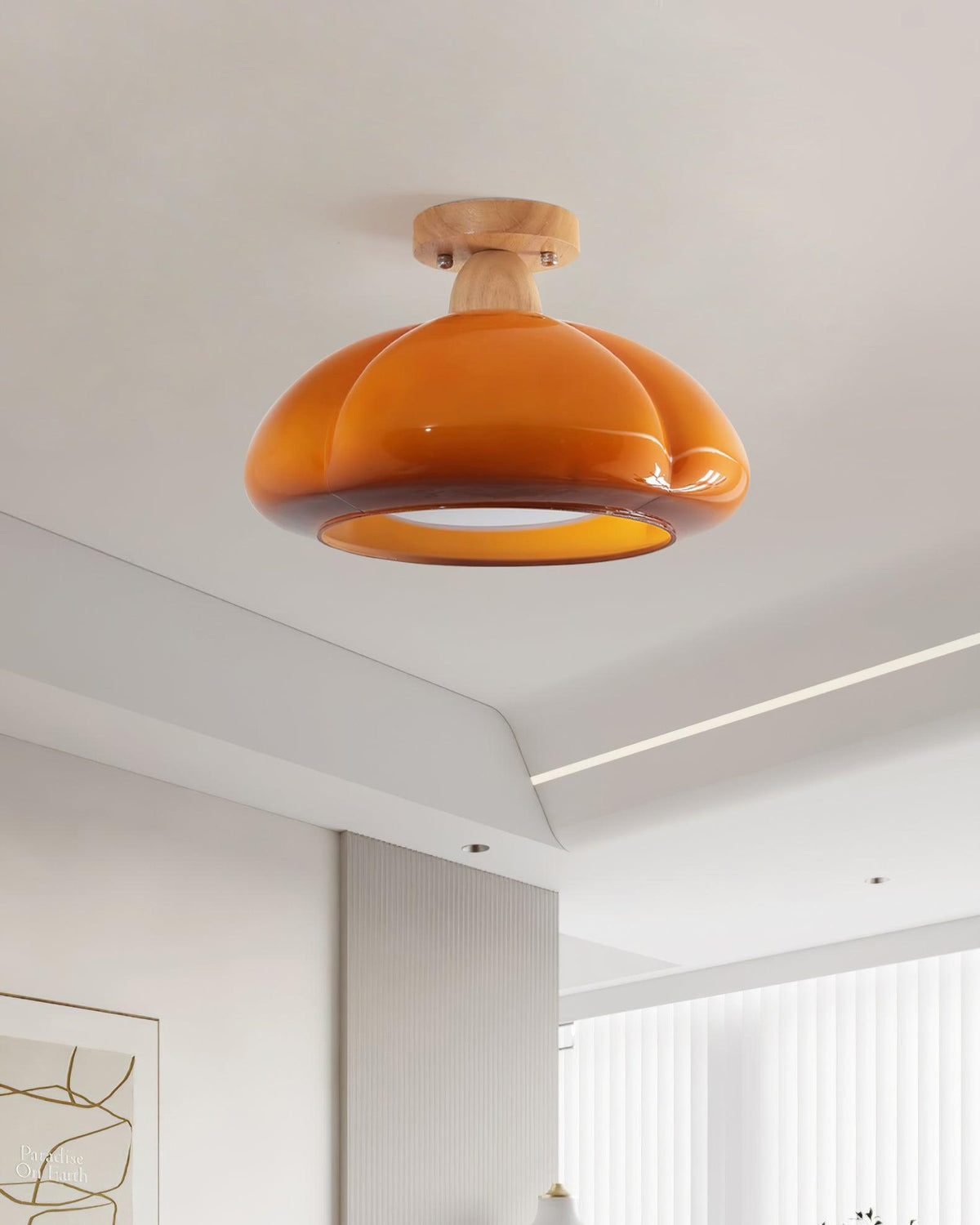 Semi Flush Damp Rated Ceiling Light Amber Glass And Rubber Wood