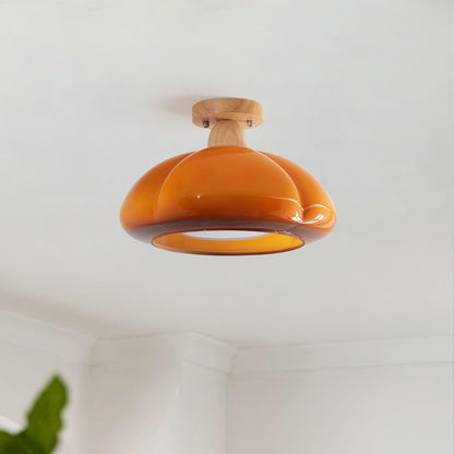 Semi Flush Damp Rated Ceiling Light Amber Glass And Rubber Wood
