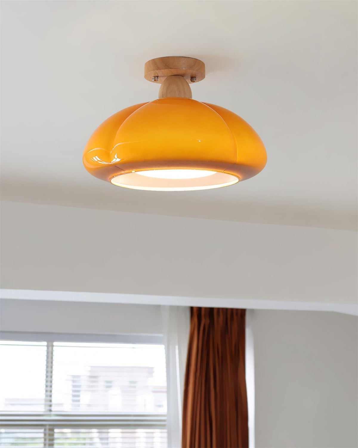 Semi Flush Damp Rated Ceiling Light Amber Glass And Rubber Wood