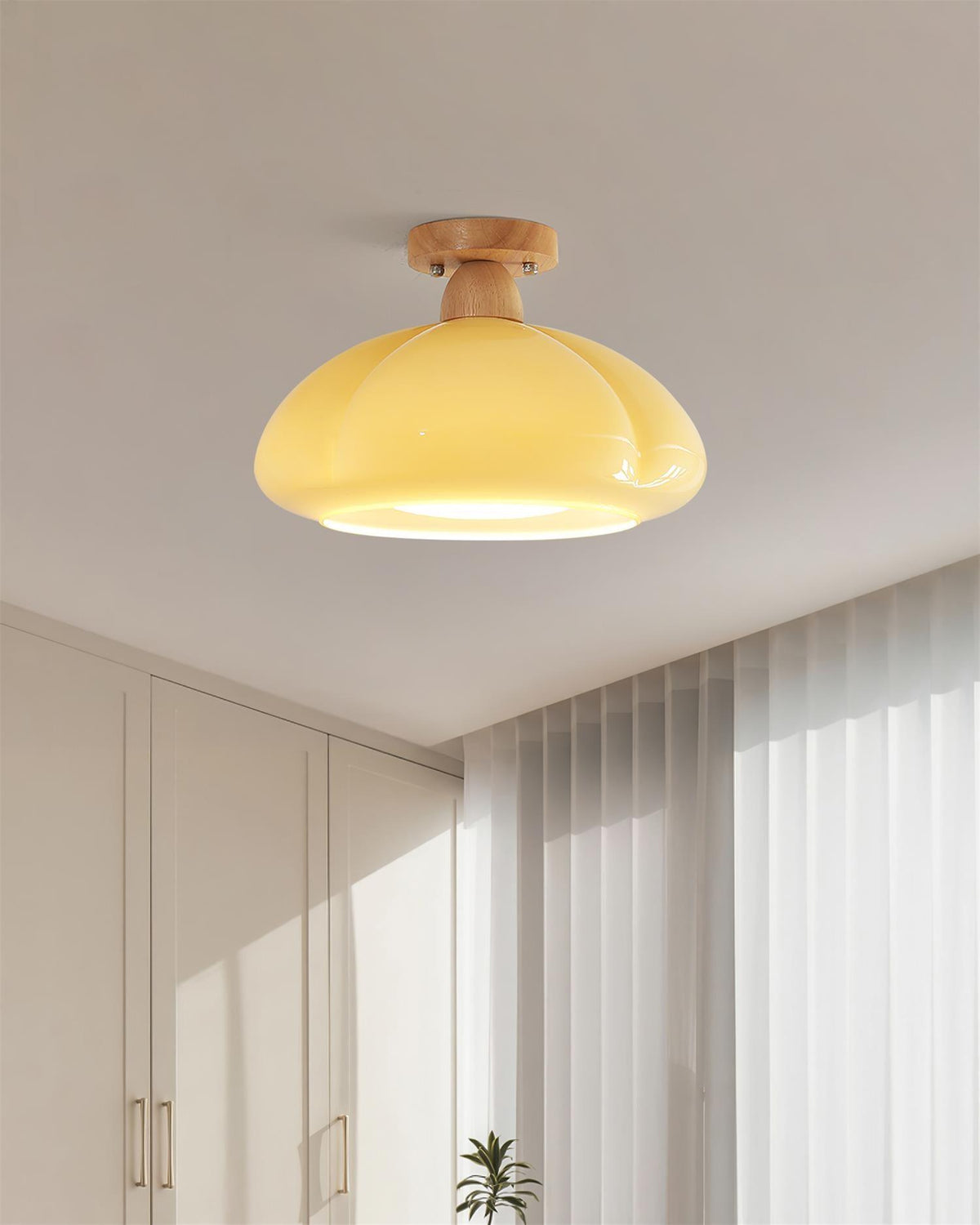 Semi Flush Damp Rated Ceiling Light Amber Glass And Rubber Wood
