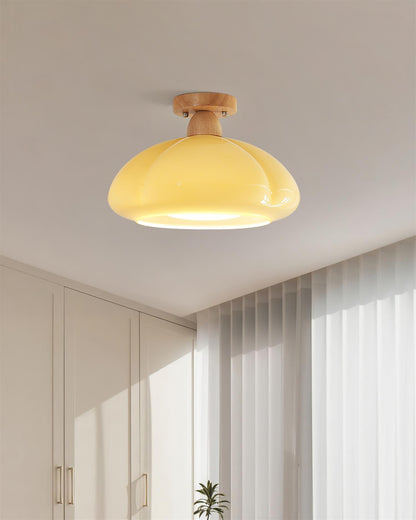 Semi Flush Damp Rated Ceiling Light Amber Glass And Rubber Wood