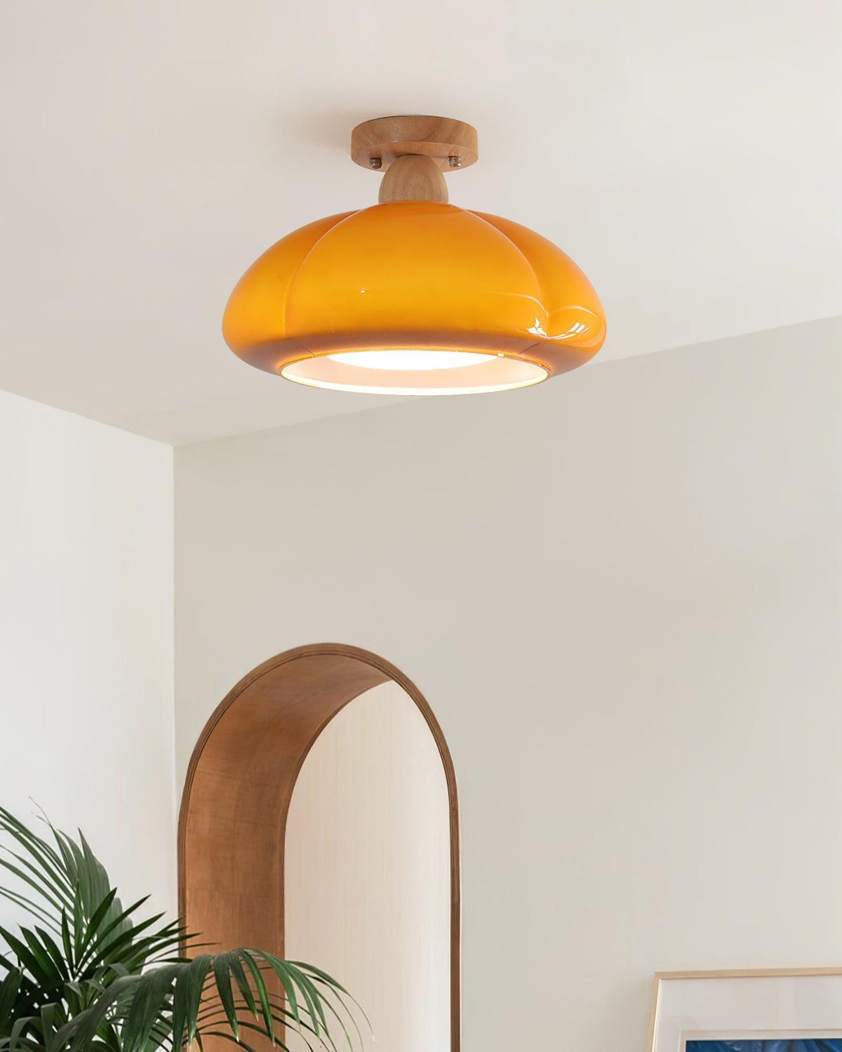Semi Flush Damp Rated Ceiling Light Amber Glass And Rubber Wood