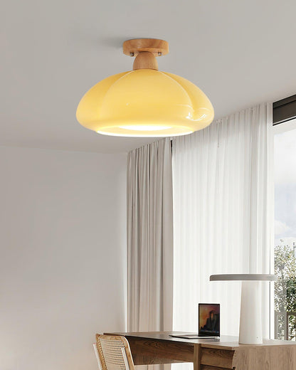 Semi Flush Damp Rated Ceiling Light Amber Glass And Rubber Wood