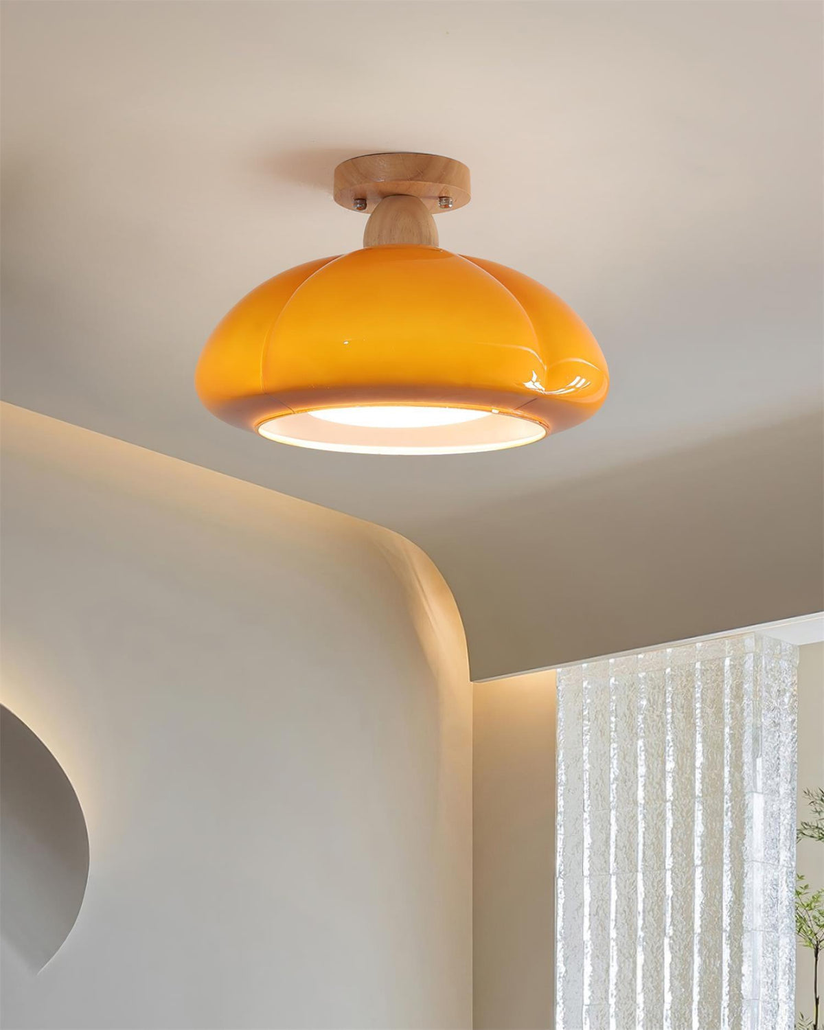 Semi Flush Damp Rated Ceiling Light Amber Glass And Rubber Wood
