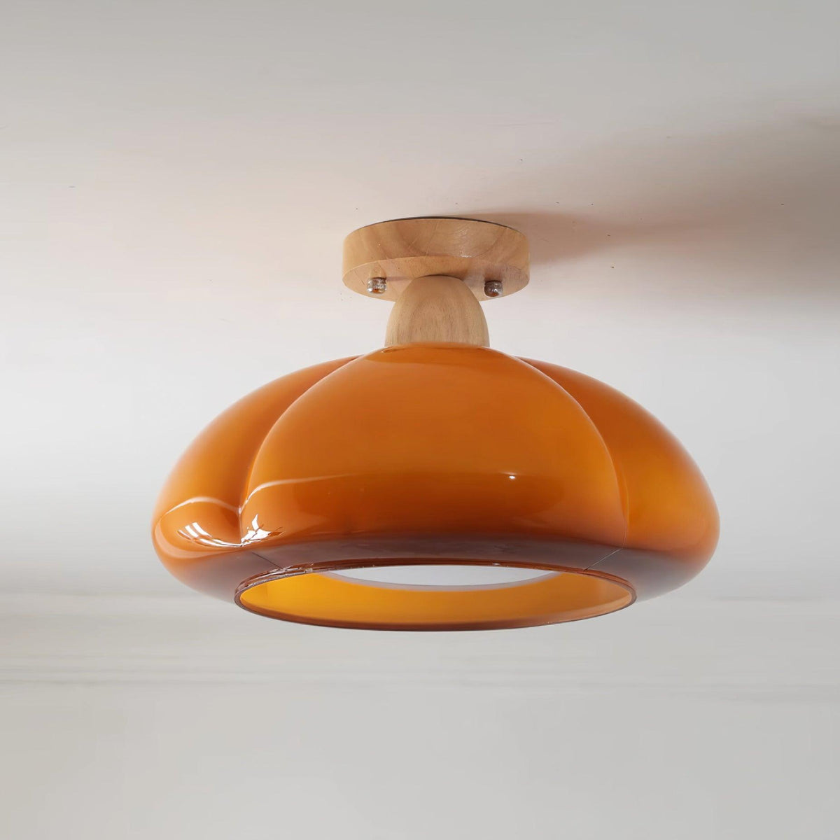 Semi Flush Damp Rated Ceiling Light Amber Glass And Rubber Wood