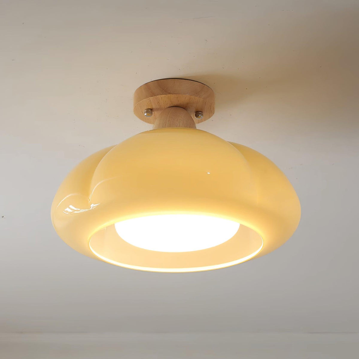 Semi Flush Damp Rated Ceiling Light Amber Glass And Rubber Wood