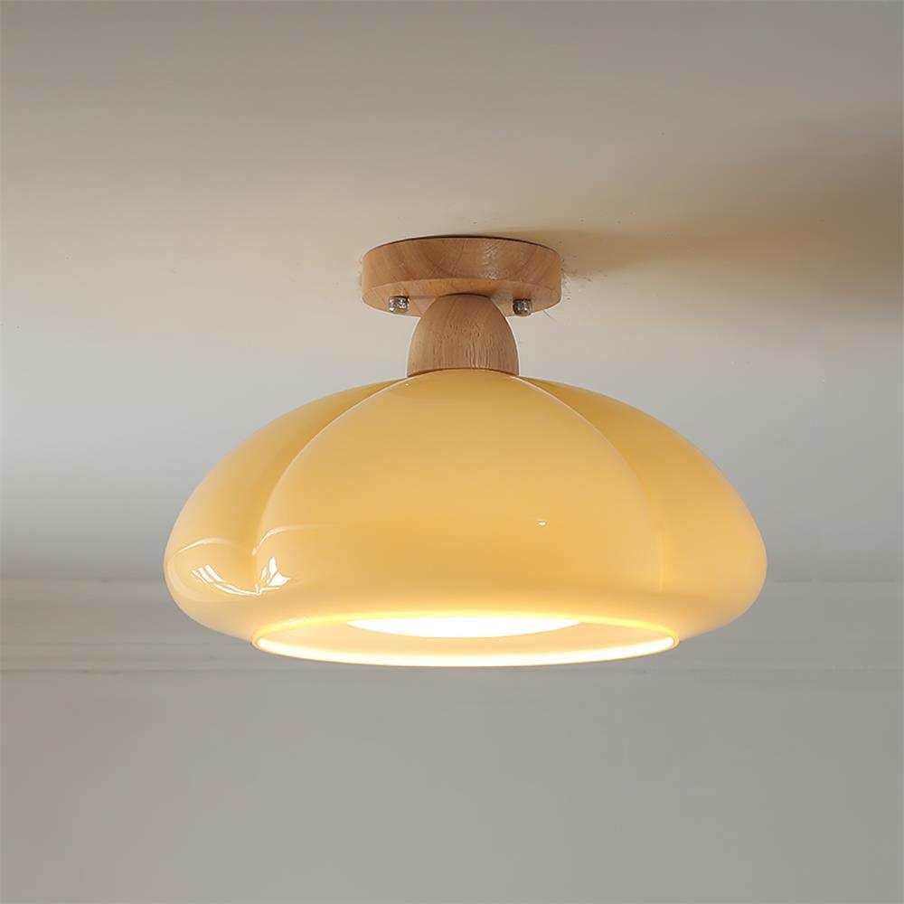 Semi Flush Damp Rated Ceiling Light Amber Glass And Rubber Wood