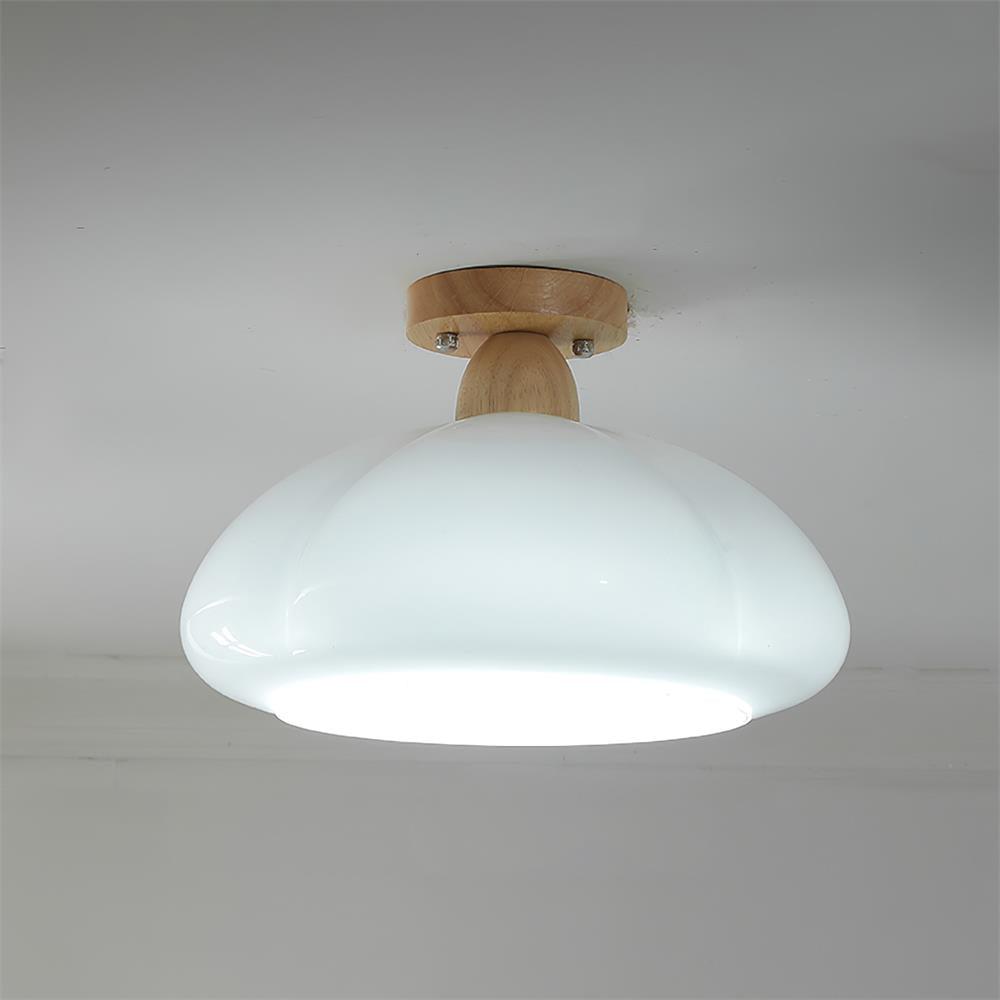 Semi Flush Damp Rated Ceiling Light Amber Glass And Rubber Wood