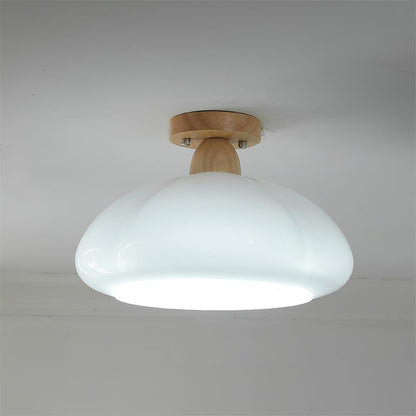 Semi Flush Damp Rated Ceiling Light Amber Glass And Rubber Wood